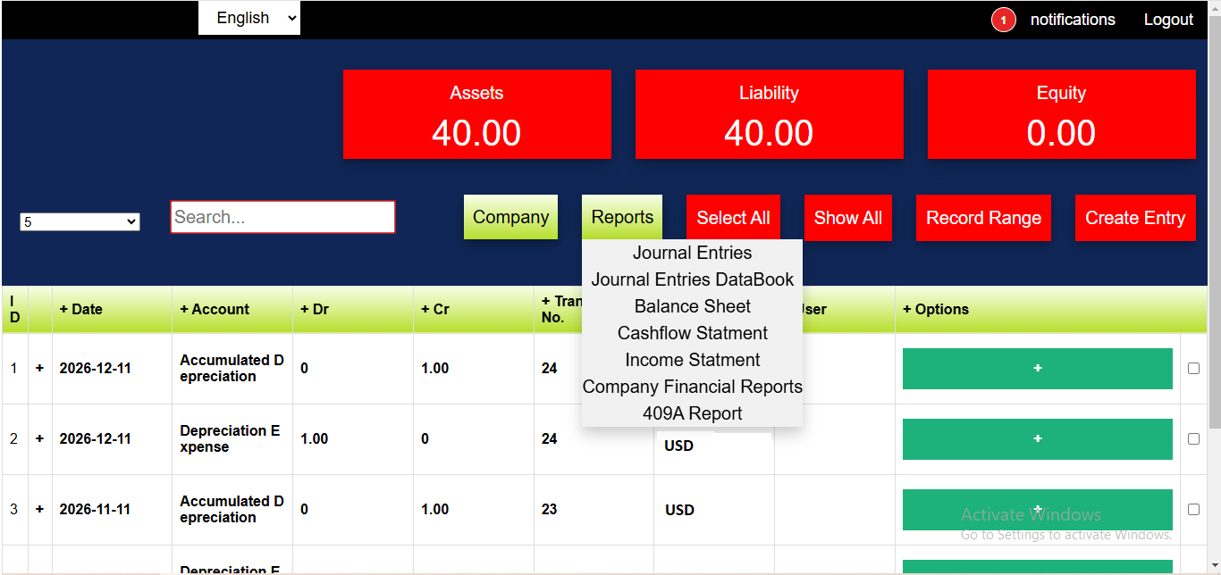 Accounting Reports Menu